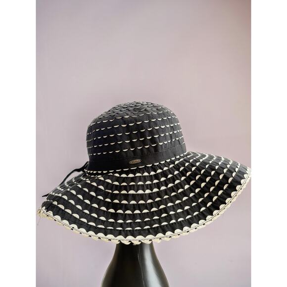 Scala Collezione Black White Ribbon Wide Brim Sun Hat Packable One Size